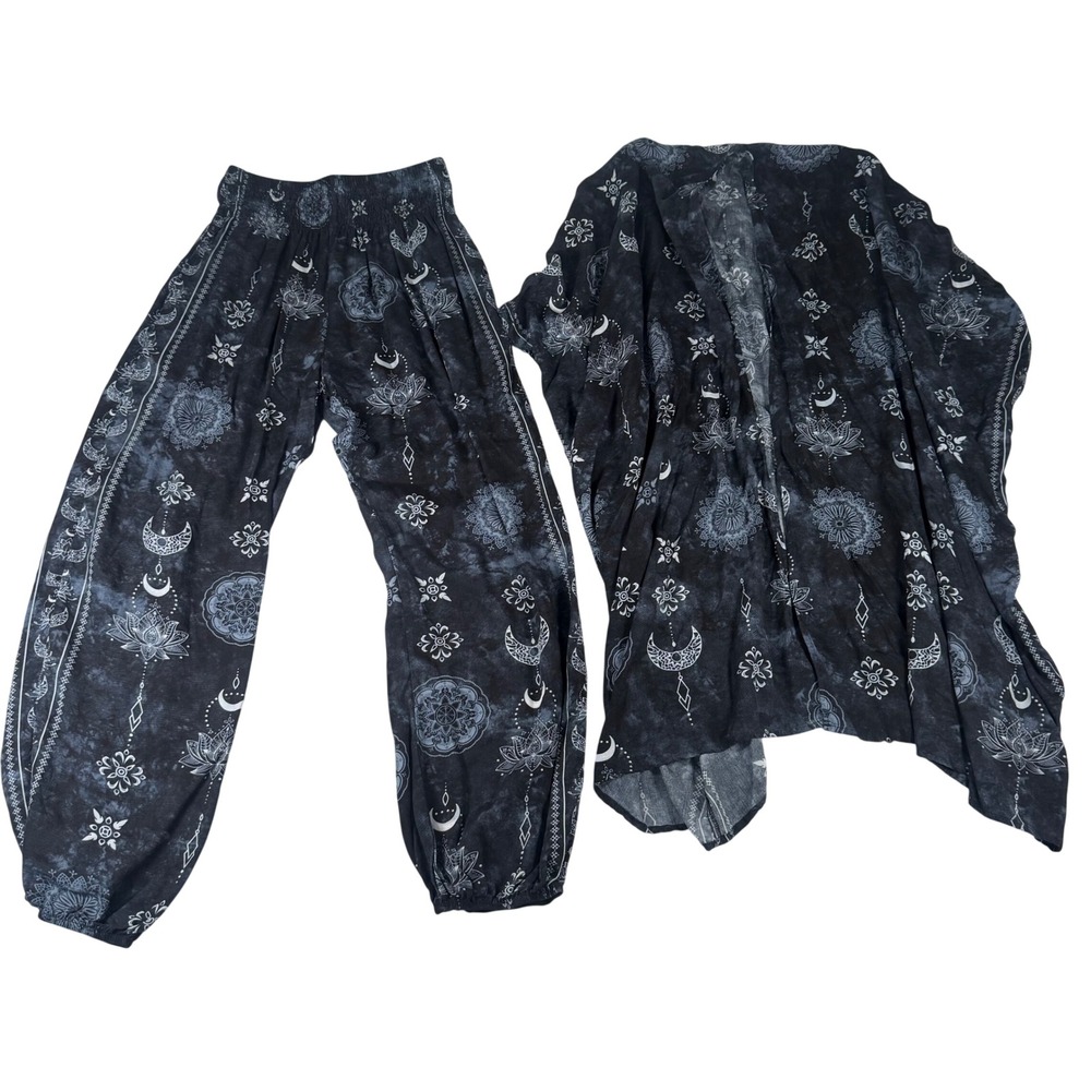 Lotus & Luna Harem Pants Kimono Set S Black Blue Rayon Boho Celestial Festival